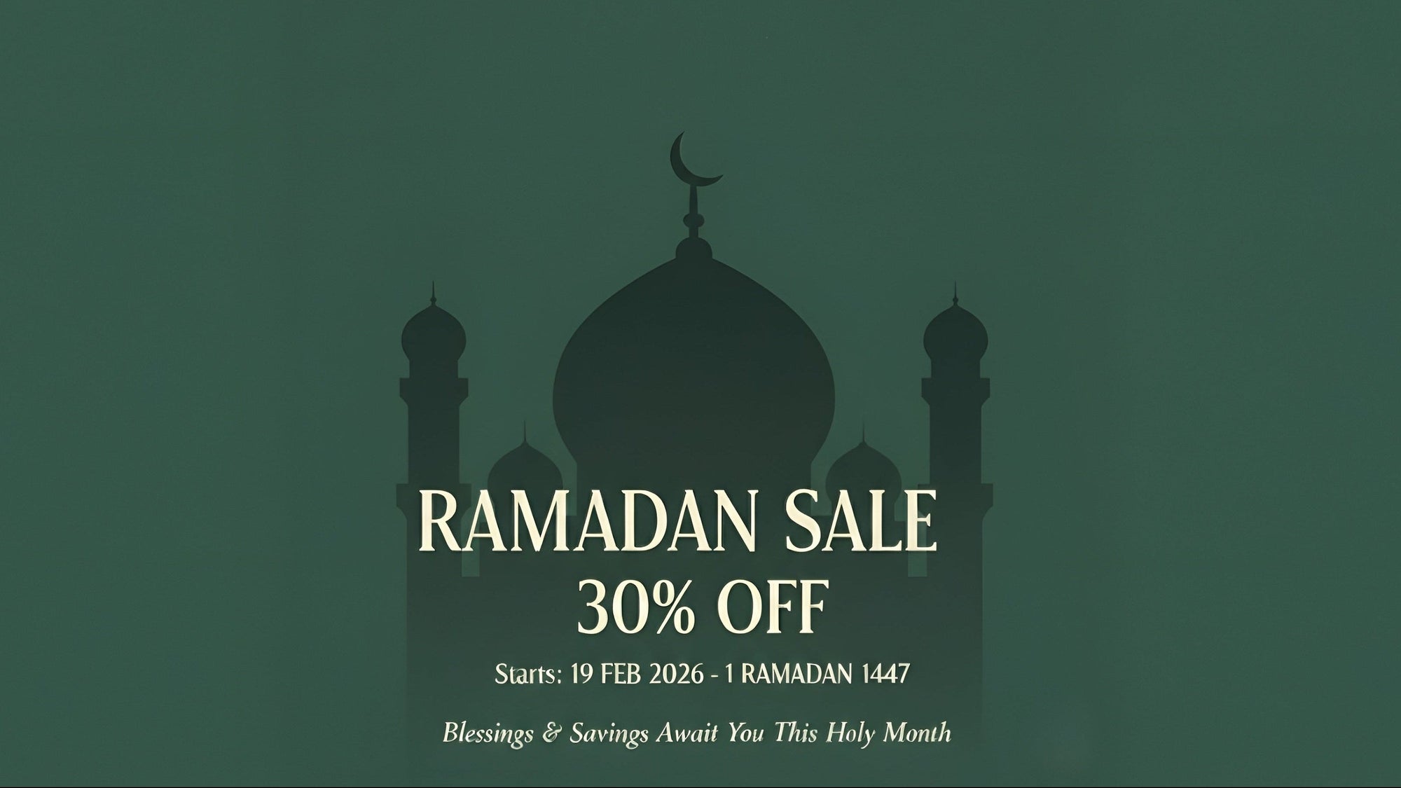 Promotional graphic for Ramadan sale with a green background and mosque silhouette.