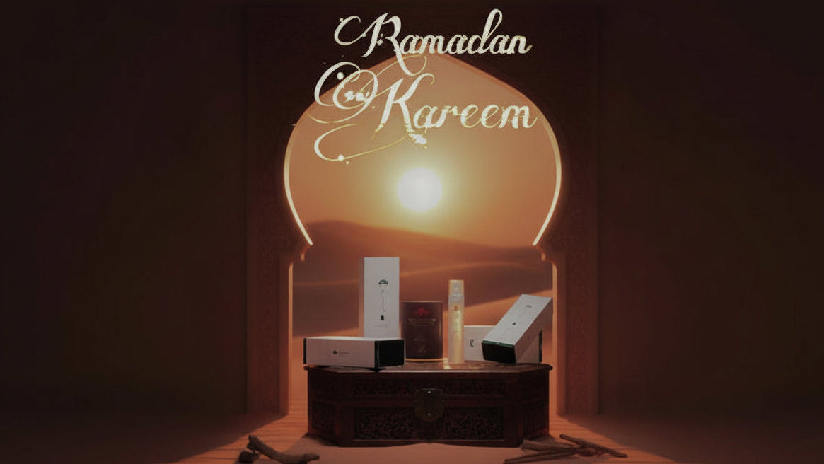 Decorative setup with 'Ramadan Kareem' text against a sunset backdrop.