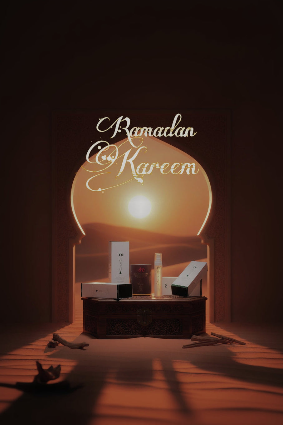Decorative setup with 'Ramadan Kareem' text, sun setting behind mountains.